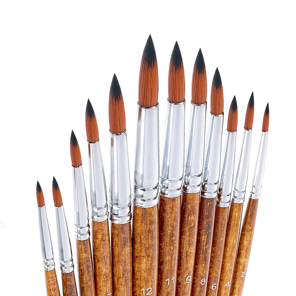 Gouache Paint Set - 12-teiliges Künstler-Aquarellpinsel-Set mit runder spitzer Spitze,