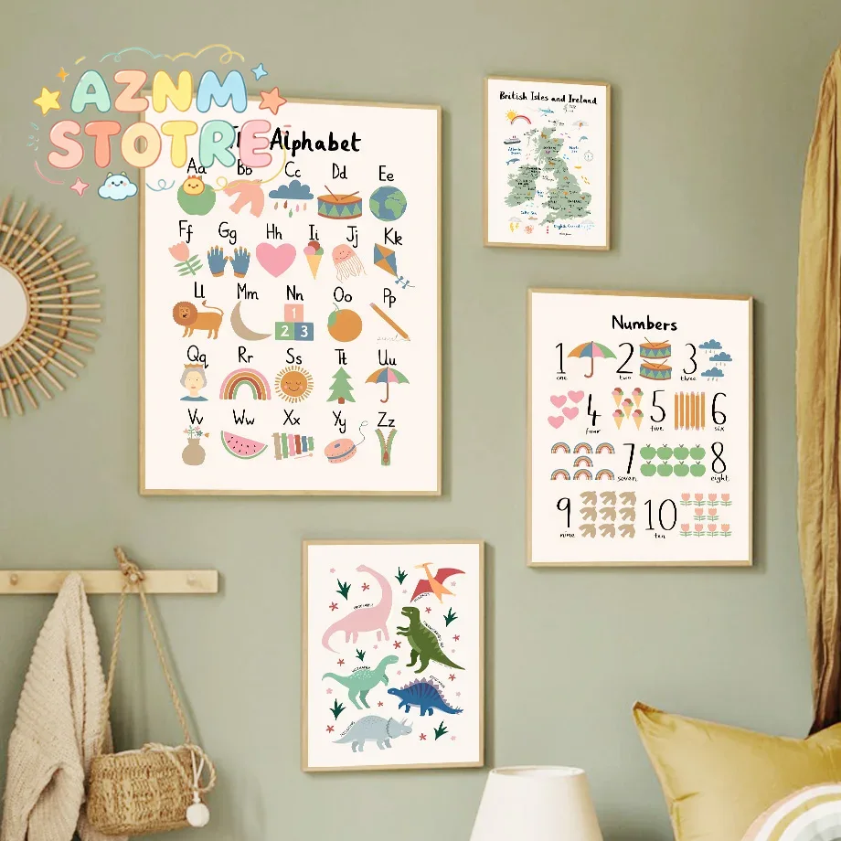 Art Craft Dinosaur - Tierweltkarte Dinosaurier Alphabet Zahlen Leinwand Wandkunst
